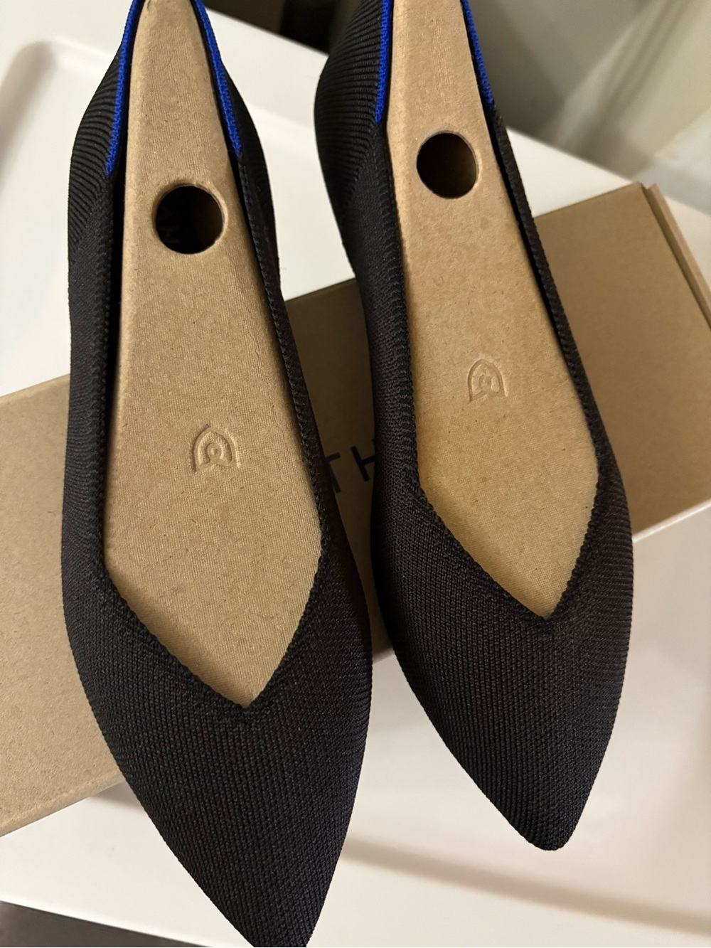 Rothy's Black Pointed Knit Flats with Blue Trim - Picture 2 of 6